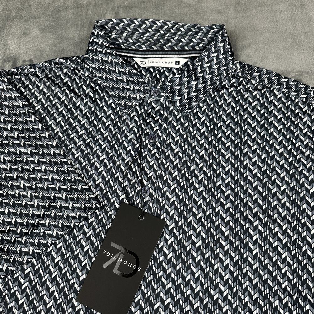 NWT 7 Diamonds 4-Way Stretch Polo Mens Small Black White Chevron Geometric